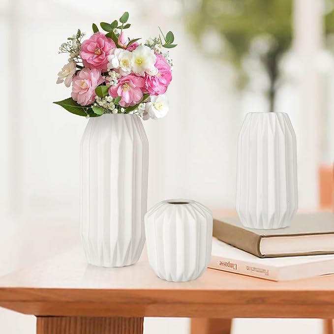 Ceramic Vase Set of 3, White Vase for Modern Home Decor, Decorative Vases for Bouquet Pampas Grass Dried Flowers, Living Room, Bedroom, Bathroom, Shelf Centerpiece Table Decorations-VerdiqueGarden