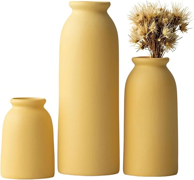 Ceramic Vase Set-3, Small Flower Vases for Decor, Modern Boho Farmhouse Style, Decorative Vases for Pampas Grass & Dried Flowers, Distressed Finish (Yellow)-VerdiqueGarden