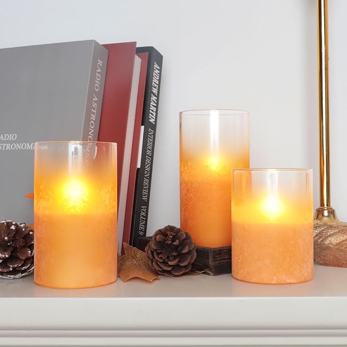 Orange Flameless Candles - Battery Operated Candles with Remote Orange Glass Sandblasted Design Wax Unscented - Centerpieces for Dinner Table Tray House Warming Thanksgiving Gifts-VerdiqueGarden