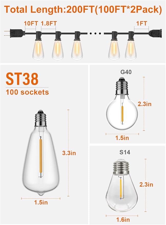 GPATIO 200FT(100FT*2Pack) Outdoor String Lights, Waterproof Patio Lights with 64 Dimmable Hanging Lights Globe ST38 Bulbs, 2700k Shatterproof for Backyard Gazebo Porch Garden Outside Decor-VerdiqueGarden