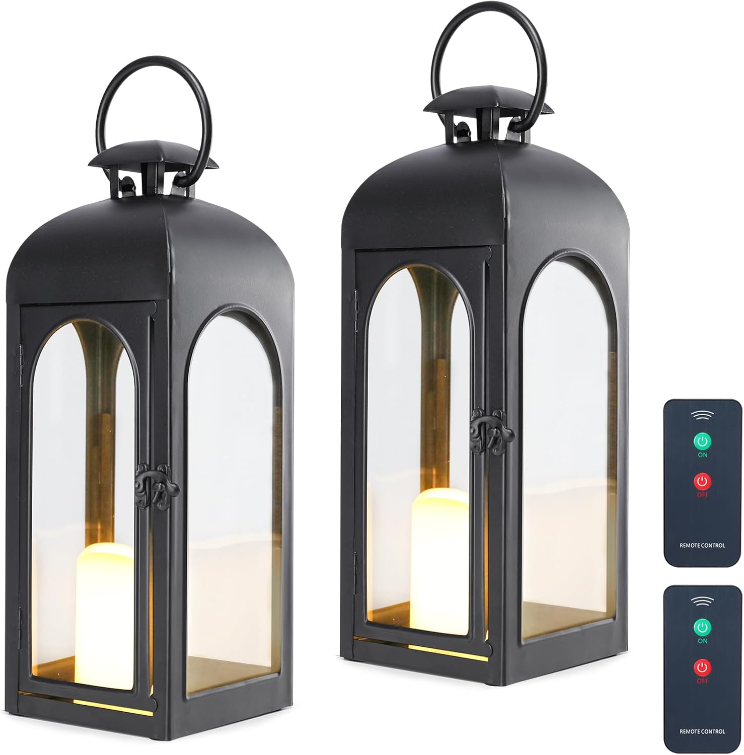Bdor 2 Pack 16 Inches Metal and Tempered Glass Decorative Lantern with Electronic Wax Effect - Indoor/Outdoor Decorative Lighting, Handcrafted Aesthetic, Perfect for Home, Parties, and Holiday Decor-VerdiqueGarden