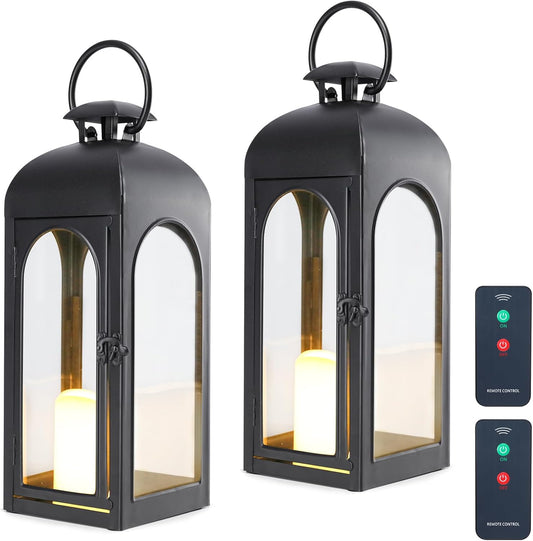Bdor 2 Pack 16 Inches Metal and Tempered Glass Decorative Lantern with Electronic Wax Effect - Indoor/Outdoor Decorative Lighting, Handcrafted Aesthetic, Perfect for Home, Parties, and Holiday Decor-VerdiqueGarden
