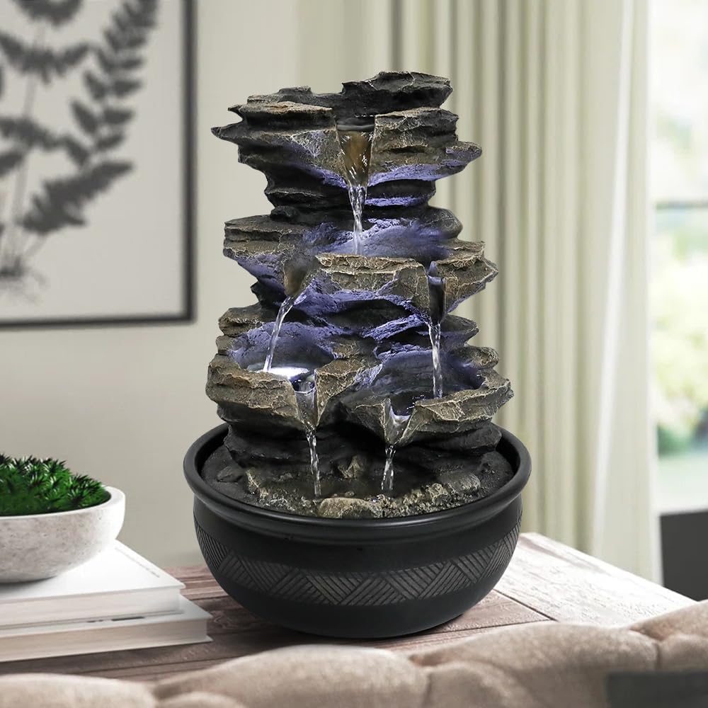 15.7" High Rock Cascading Tabletop Fountain, Zen Meditation Indoor Waterfall Feature with LED Light for Home Office Bedroom Relaxation-VerdiqueGarden