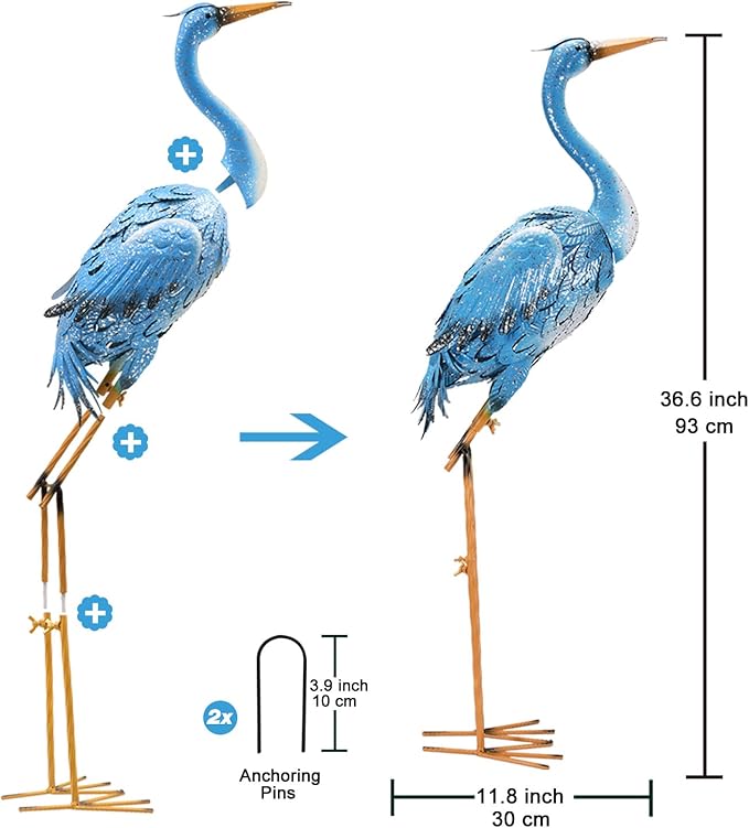 Nacome Large Standing Blue Metal Crane Garden Statue: Indoor Outdoor Heron Animal Sculpture for Patio Backyard Porch Yard Bird Art Lawn Decor - 36.6inch Gifts for Grandma Mom-VerdiqueGarden