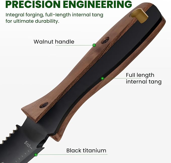 Hori Hori Garden Knife, Garden Tools with Sheath, 6" Stainless Steel Blade with Cutting Edge, Full-Tang Walnut Ergonomic Wood Handle with Hanging Hole, Weeding, Planting, Digging…-VerdiqueGarden