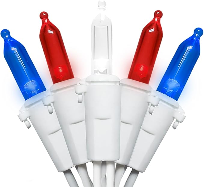 MULTI-SPARKING Red White and Blue LED Christmas Lights - 100 Count 4th of July Patriotic String Lights for Tree, Party, Independence Day Decorations, 33 Feet White Wire, UL Certified, Connectable-VerdiqueGarden