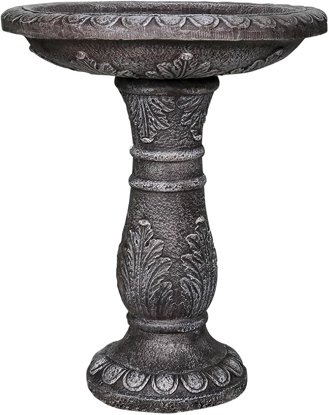 SunJet 24.4” H x 20” Dia Outdoor Birdbath with Intricate Floral Carvings Pedestal - Fibre Reinforced Concrete Birdbaths, Vintage Design for Garden Decor & Bird Attraction-VerdiqueGarden