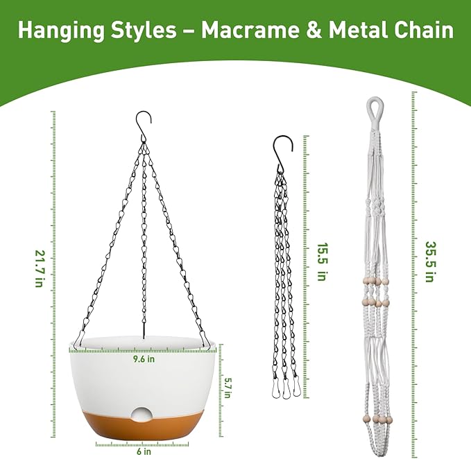 10 Inch Hanging Planters for Indoor & Outdoor Use (2 Pack) - Self-Watering & Drainage Flower Pots with Chain & Macrame Hangers (White, 10 in)-VerdiqueGarden