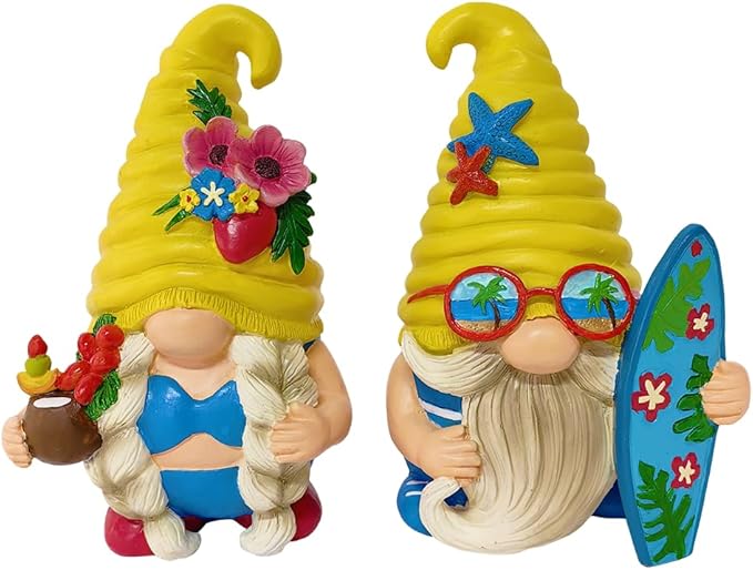 Spring & Summer-Themed Garden Statues – Adorable Outdoor Decor for Lawn, Patio & Porch (Tropical Beach Gnome Duo Figurine Set, Cute 6" Summer Decoration Garden Statue)-VerdiqueGarden