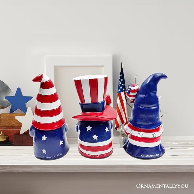 Spring & Summer-Themed Garden Statues – Adorable Outdoor Decor for Lawn, Patio & Porch (Patriotic Gnome Trio Figurines, 6" Set of Three Garden Statues and July 4th Decoration)-VerdiqueGarden