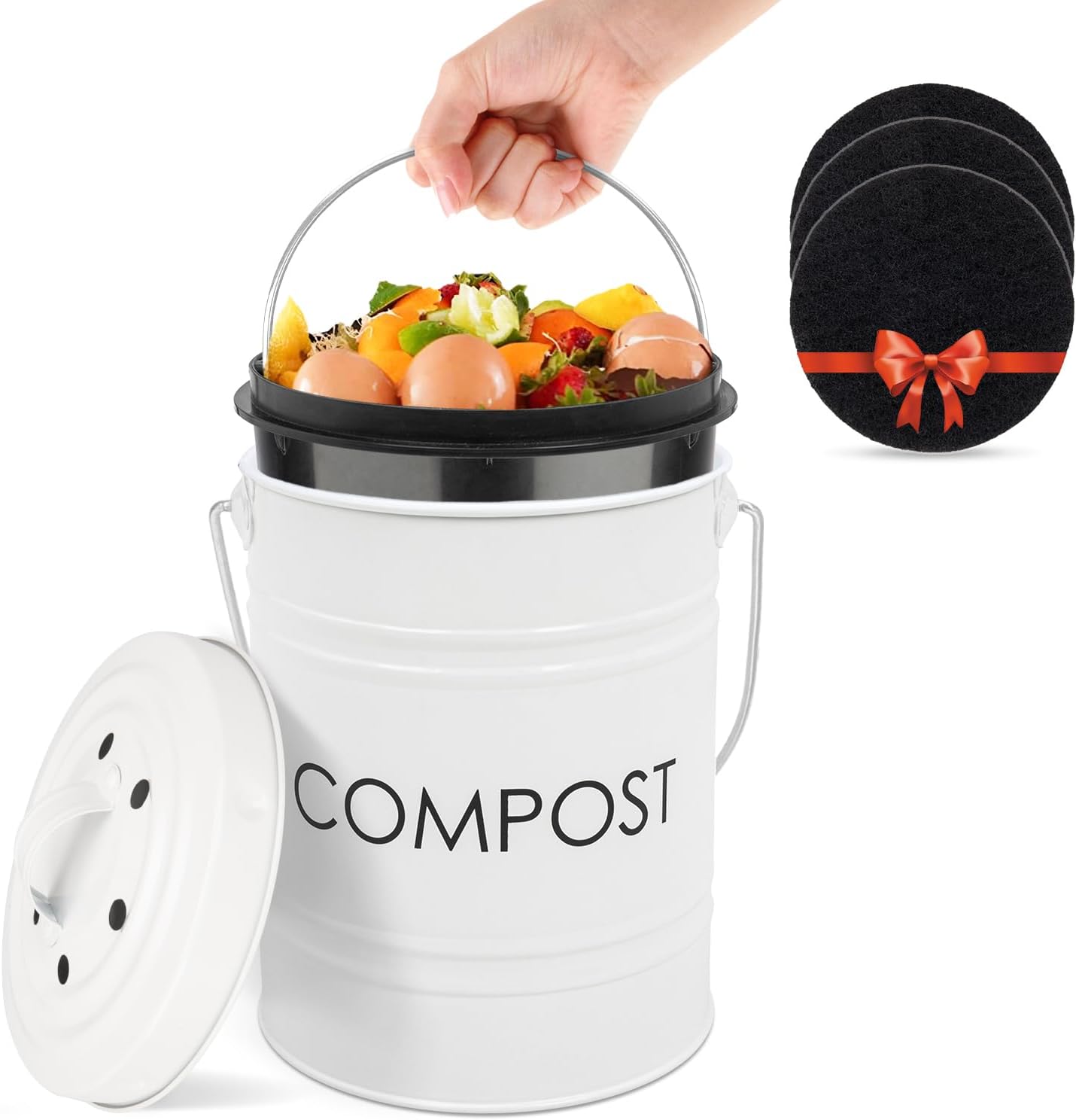 Vipush Compost Bin with Lid Small Countertop Compost Bin includes Inner Liner & 3 Charcoal Filters, White-VerdiqueGarden