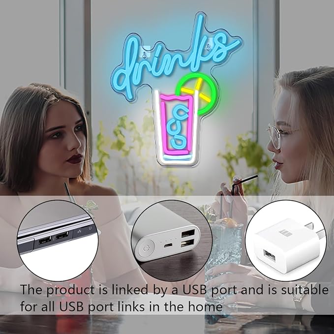 WLHOPE Drinks Neon Signs Cool Drink Cup LED Neon Lights for Wall Decor, USB Cocktail Art Wall Lights for Home Bar Club Hotel Restaurant Cafes Shops Wedding Birthday Party-VerdiqueGarden