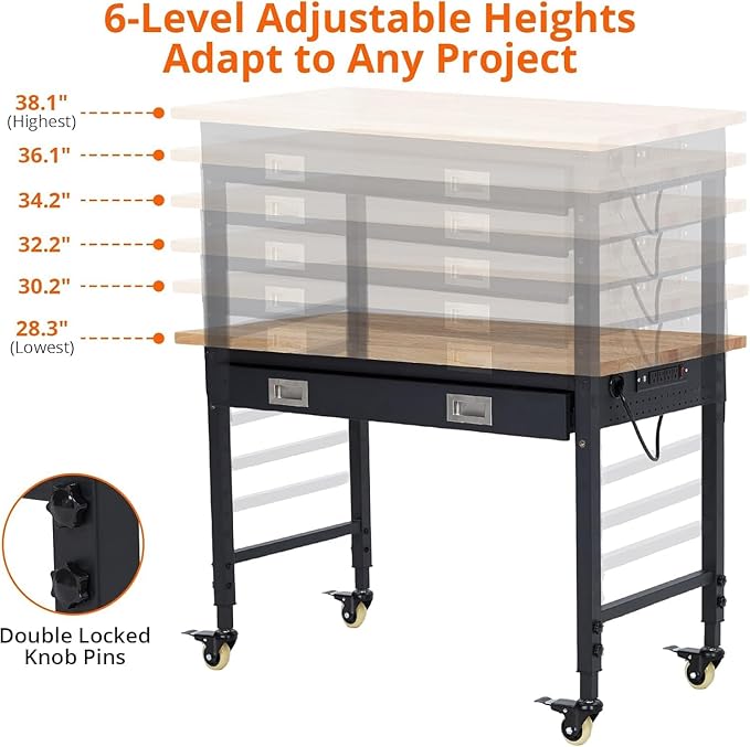 48'' Adjustable Workbench on Wheels, 2000LBS Heavy Duty Worktable with Power Outlets & Drawers & Pegboard, Rubberwood Workstation for Workshop, Garage, Office, Home-VerdiqueGarden