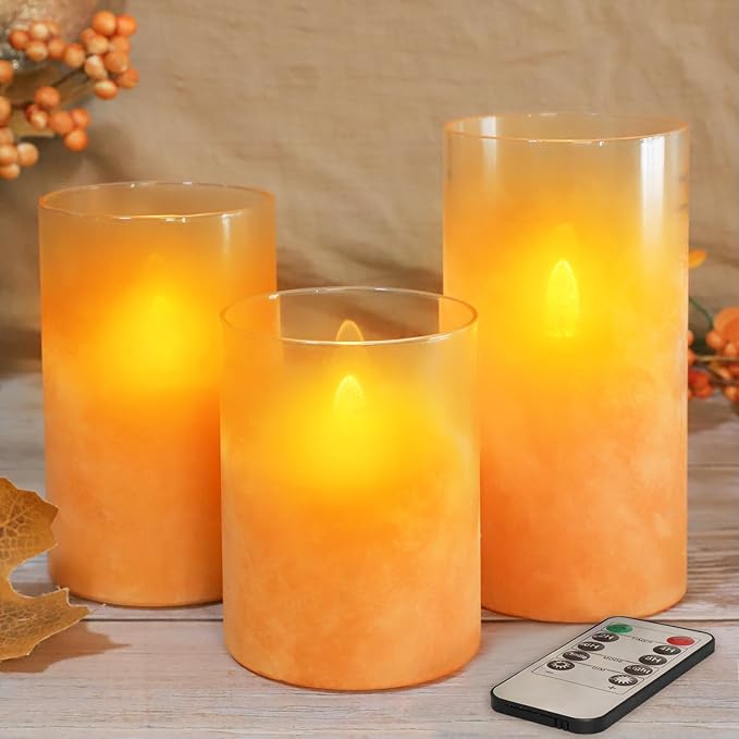 Orange Flameless Candles - Battery Operated Candles with Remote Orange Glass Sandblasted Design Wax Unscented - Centerpieces for Dinner Table Tray House Warming Thanksgiving Gifts-VerdiqueGarden