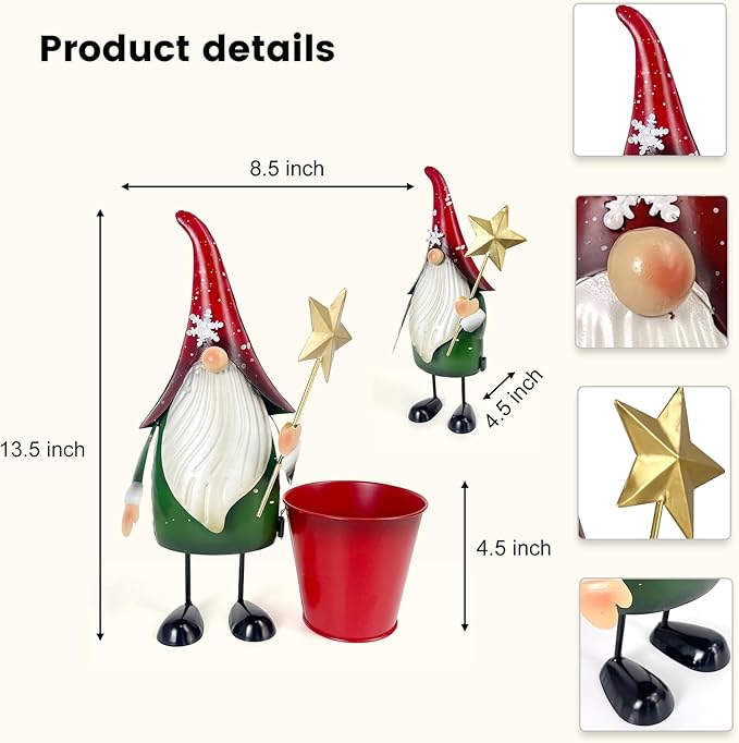 HONGLAND Outdoor Decorations Metal Gnome Yard Art Garden Gnomes Statue 13 Inch Santa Figurine, Succulent Flower Pot, Fun Metal Planter-VerdiqueGarden