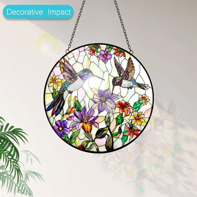 Hummingbird Suncatcher Stained Glass Window Hanging - Bird and Flowers Suncatchers for Windows - Sun Catchers Indoor Window Wall Art Home Decor Panel - Hummingbird Gifts for Women Men Mom Bird Lovers-VerdiqueGarden