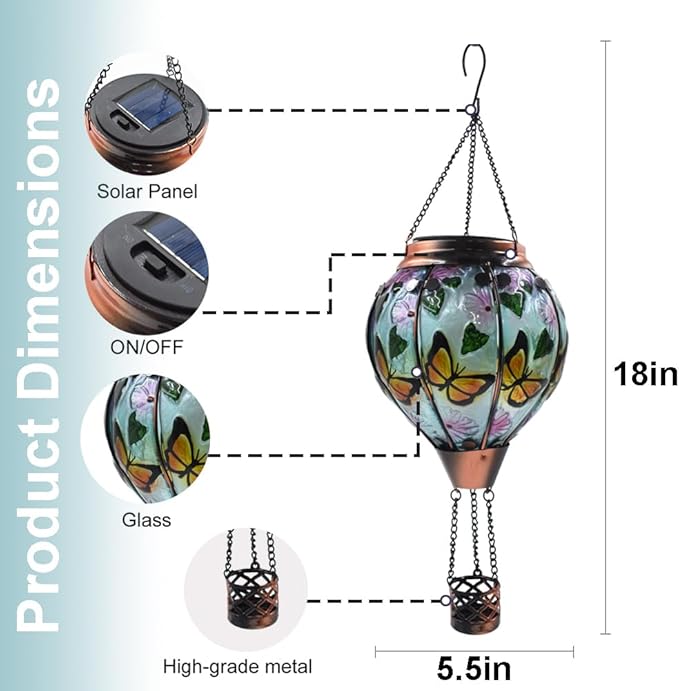 Hot Air Balloon Solar Lantern with Flickering Flame, Glass Hanging Garden Lights Outdoor Waterproof for Tree Yard Patio Mother's Day Gift, 18" H Butterfly-VerdiqueGarden