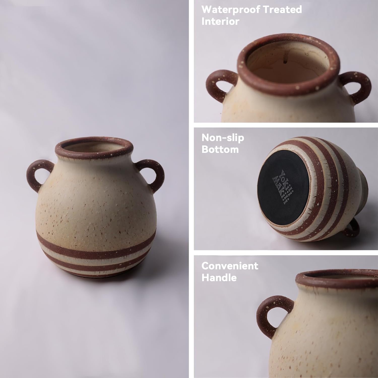 Rustic Farmhouse Ceramic Vase, Pastoral with 2 Ear Design, Boho Vintage Terracotta Vases for Bouquet、Fake Plants, Suitable for Home Decor, Shelf, Dining Table, Living Room, Mantle, Bathroom, 5.9 Inch-VerdiqueGarden