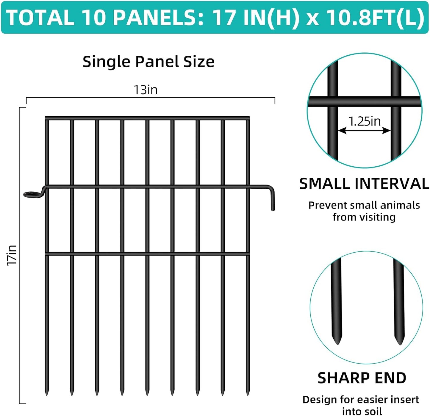 Animal Barrier Fence, 10 Panels No Dig Fences, 17in(H) X 10.8ft(L) Garden Fence Animal Barrier for Rabbits and Dog Under Fencing Barrier, Rustproof Metal Fences Border for Outdoor, Yard, Patio-VerdiqueGarden