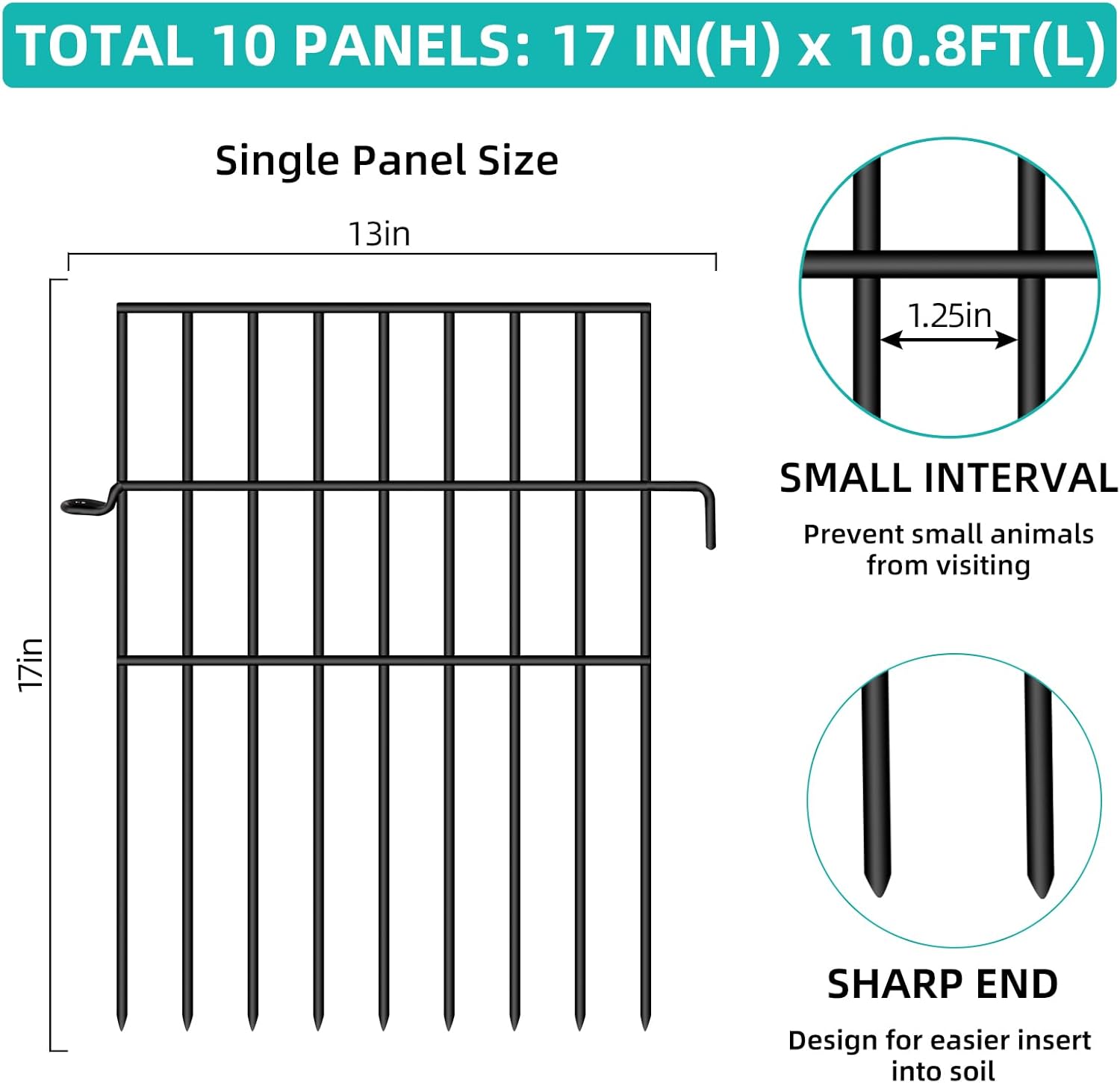 Animal Barrier Fence, 10 Panels No Dig Fences, 17in(H) X 10.8ft(L) Garden Fence Animal Barrier for Rabbits and Dog Under Fencing Barrier, Rustproof Metal Fences Border for Outdoor, Yard, Patio-VerdiqueGarden