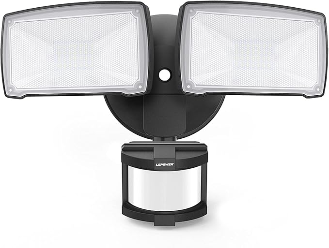 LEPOWER LED Security Lights Motion Sensor Light Outdoor, 30W 3200LM Motion Security Light, 5500K, IP65 Waterproof, 2 Head Motion Detector Flood Light for Garage, Yard, Porch, Black (Not Solar Powered)-VerdiqueGarden
