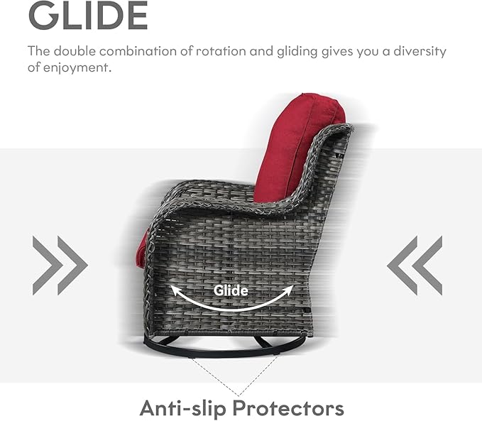 5 Pieces Patio Wicker Furniture Set - 4 Outdoor Swivel Rocker Glider Chairs with 50000BTU Propane Fire Pit Table, Warm Patio Conversation Set Red Cushion Perfect for Casual Gathering-VerdiqueGarden