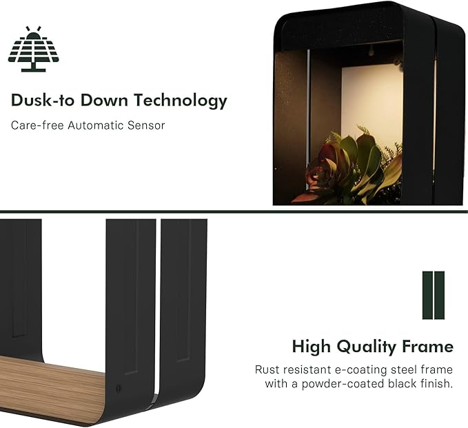 Grand patio Solar Outdoor Power Wall Sconce Shelf Planter, Waterproof Decor LED Wall Light Lamp with Woodgrain for Patio, Porch, Solar Energy, Black(S-Rectangle)-VerdiqueGarden