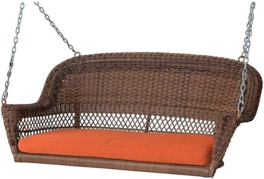 Pemberly Row Honey Wicker Porch Swing with Orange Cushion-VerdiqueGarden