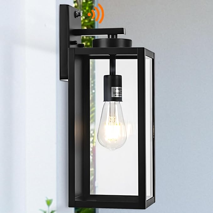 Dusk to Dawn Outdoor Wall Light Fixture, 16" Large Exterior Black Lantern Waterproof, Farmhouse Porch Sconce Lighting, Modern Wall-Mounted Outside Lights for House Garage, Patio Lamp-VerdiqueGarden