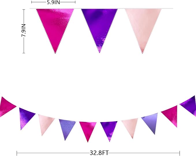 Pink and Purple Party Decorations Metallic Hot Pink Lavender Fabric Triangle Pennant Banner Flag Bunting Garland for Girls Women Birthday Wedding Baby Shower Bachelorette Engagement Party Supplies-VerdiqueGarden