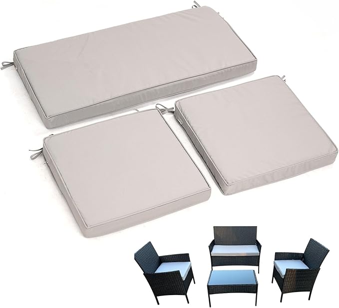 3-Pack Outdoor Patio Furniture Replacement Cushions Set–High-Elastic Sponge Cushions Fit 4-Piece Wicker Rattan Sofa, Loveseat & Chairs, 36x18x2 & 18x18x2, Waterproof, Fade-Resistant (Light gray)-VerdiqueGarden