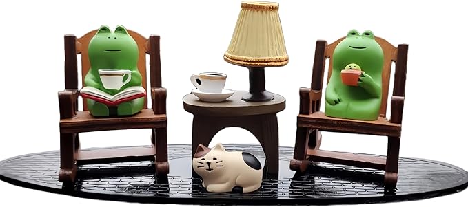 7 Pcs Cute Frog Rocking Chair Set with Miniature Frog Figurines, Mini cat, and Whimsical Trinkets - Versatile Decor for Office, Home, Yard, Patio, and Lawn-VerdiqueGarden