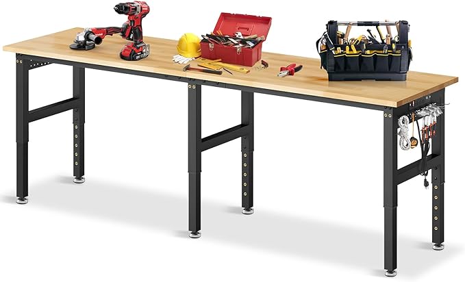 96”Adjustable Work Bench, 5000 LBS Capacity Heavy Duty Workbench with Power Outlet & Pegboard, Rubber Wood Work Table for Garage, Workshop, Office, Home-VerdiqueGarden