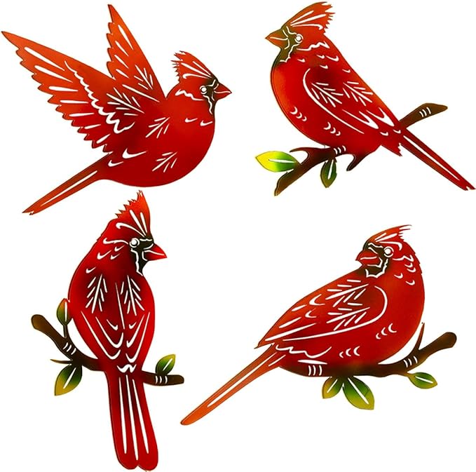 4 Pack Metal Cardinal Wall Art Decor Metal Birds 3D Outdoor Sculpture, Ornaments Hand-Made Nimble red Bird, Gifts for Mom,Birthday Gifts for Grandma Wife-VerdiqueGarden