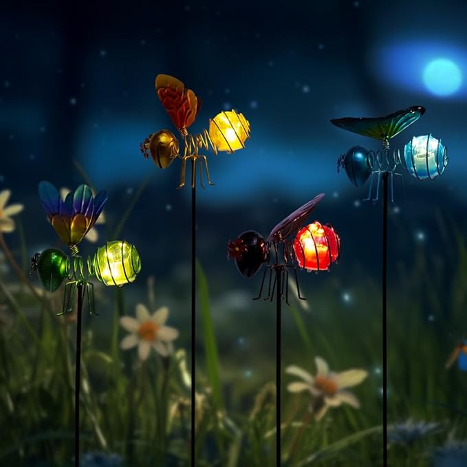 Insects Solar Garden Lights, 22.4" H Butterfly & Bee & Dragonfly & Ladybug Solar Stake Light, 4 Pcs Outdoor Statues Figurine Lights for Spring Garden Lawn Patio Yard Decoration-VerdiqueGarden