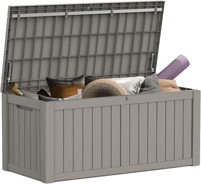 Mars Villa 119 Gallon Outdoor Storage Box Waterproof, Large Resin Deck Box for Pool Supplies Storage, Outdoor Patio Furniture Cushions, with Hydraulic Hinge, UV-Resistant and Weatherproof, Greige-VerdiqueGarden