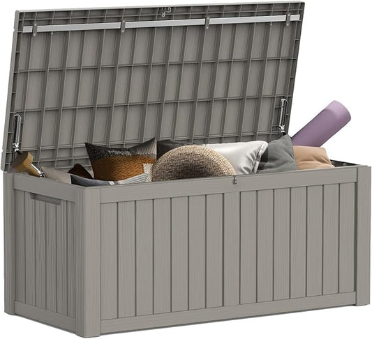 Mars Villa 119 Gallon Outdoor Storage Box Waterproof, Large Resin Deck Box for Pool Supplies Storage, Outdoor Patio Furniture Cushions, with Hydraulic Hinge, UV-Resistant and Weatherproof, Greige-VerdiqueGarden