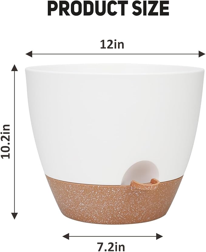 12 Inch Large Self Watering Plant Pot Set, Flower Pots with Multi-Mesh Drainage Holes and Saucer, Suitable for Indoor and Outdoor Garden Plants, White.-VerdiqueGarden