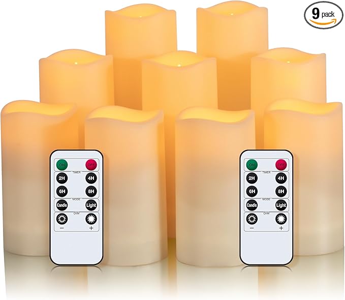 Metaku Flameless Flickering Candles Battery Operated LED Candles Set of 9 Ivory with Remote & Timer for Halloween, Christmas, Bedroom, Home, Wedding, Birthday Decoration D2.2'' x H4''5''6''-VerdiqueGarden
