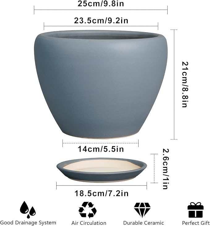 10 Inch Plant Pot - Ceramic Planter for Indoor Plants Large Plant Pot with Drainage Hole and Saucer Round Outdoor Planter Modern Flower Pot for Home Decor Gray-VerdiqueGarden