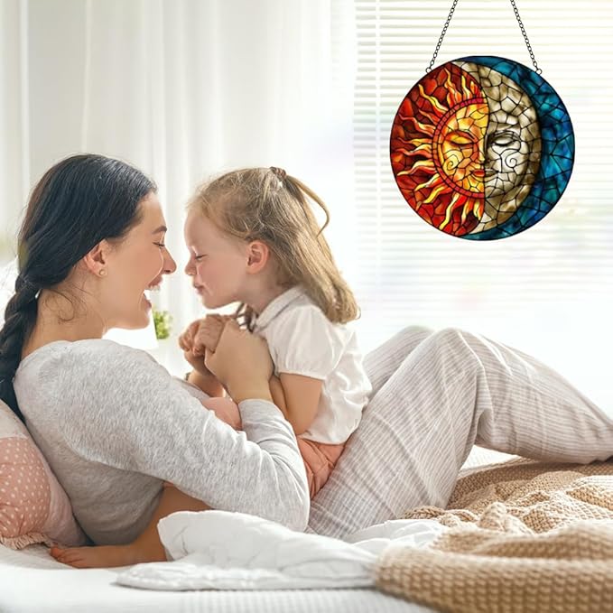 Sun and Moon Suncatcher Stained Glass Window Hanging - Handmade Stain Glass Suncatchers with Chain - Sun Catchers Indoor Window Glass Panel for Home Decor Garden Thanksgiving Valentines Day Gifts-VerdiqueGarden