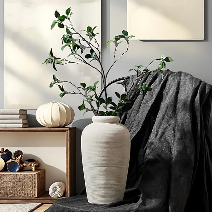 Decorative Ceramic Rustic vase,Tall vase for Minimalist Decoration,11" Large Vintage Vase for Home Decor,Centerpiece,Living Room,Enterway,White-VerdiqueGarden