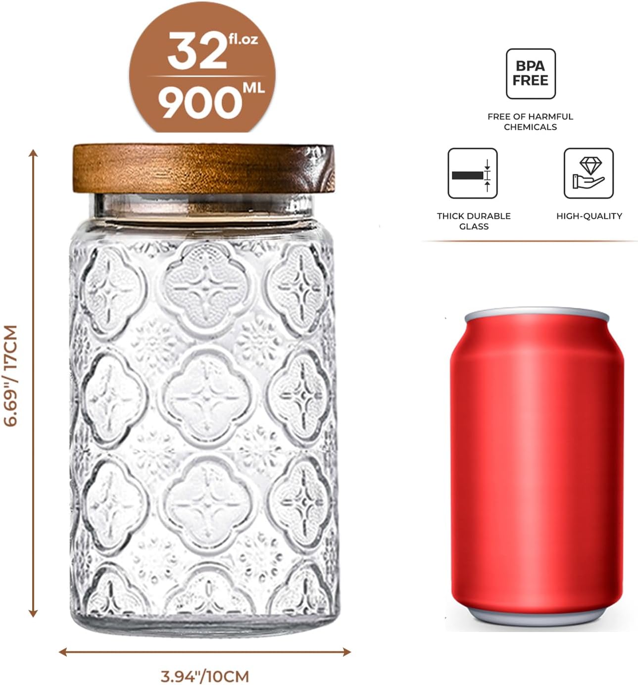 32oz Vintage Glass Jar With Lid, Glass Storage Containers, Airtight Kitchen Storage Containers For Sugar, Coffee, Tea, Spice, Flour, Candy Cookie, Pasta, Cereal, Cute Decorative Jars-VerdiqueGarden