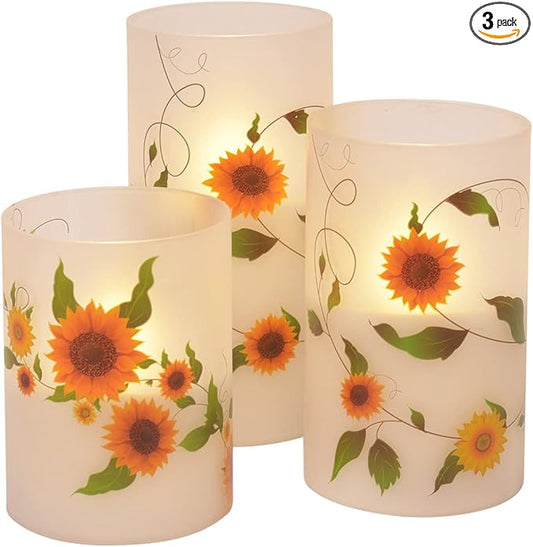 Mark Feldstein & Associates Sunflower Garden Flameless LED Glass Pillar Candles, Set of 3, 6 Inch-VerdiqueGarden