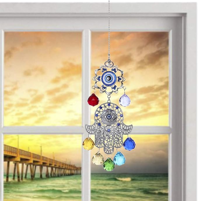 Hamsa Hand with Blue Evil Eye Protection Hanging Crystal Ornament with Chakra Energy Crystal Balls-VerdiqueGarden