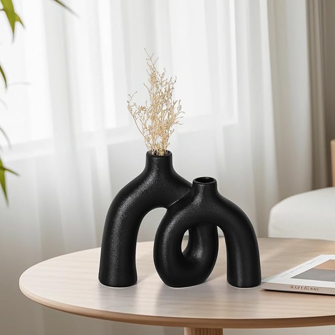 CEMABT Modern Nordic Boho Vase Set - Elegant Black Matte Ceramic Home Decor for Living Room, Bookshelf, Mantel, Entryway Table & Console Décor | Shelf Decorations Gift-VerdiqueGarden
