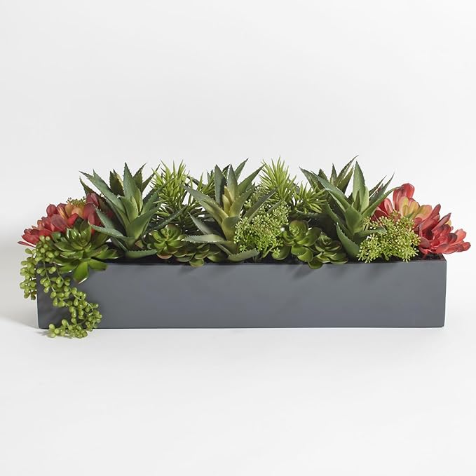 Oblong Faux Succulent Arrangement, Premium Artificial Indoor Plant Enhances Interior Design, Display on any Surface in Your Home Adding an Inviting Touch of Nature, Grey Planter Pot Included-VerdiqueGarden