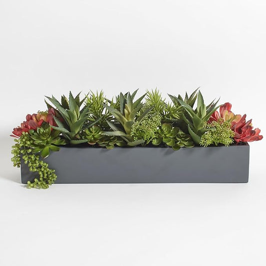 Oblong Faux Succulent Arrangement, Premium Artificial Indoor Plant Enhances Interior Design, Display on any Surface in Your Home Adding an Inviting Touch of Nature, Grey Planter Pot Included-VerdiqueGarden