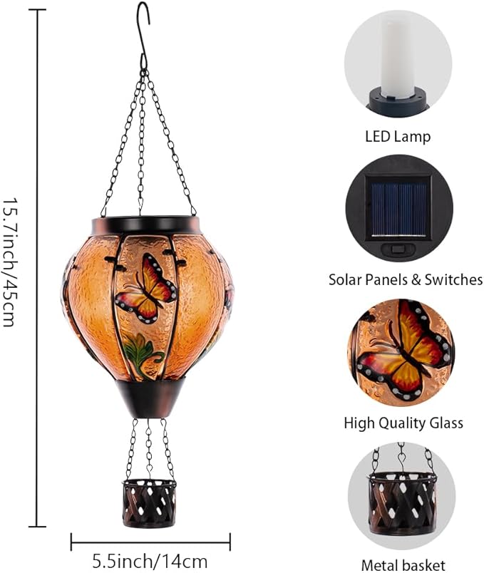 Starsoul Butterfly Hot Air Balloon Solar Lantern with Flickering Flame Light Glass Solar Powered Hot Air Balloon Lamp Waterproof Hanging Outdoor Solar Lantern for Yard Porch Backyard Decor-VerdiqueGarden
