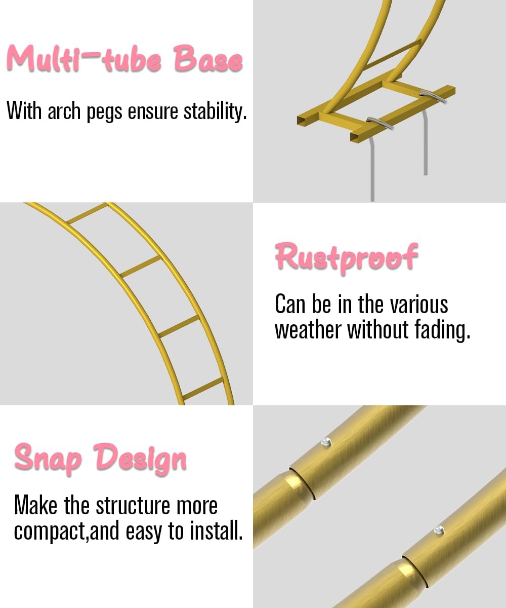 Queension Metal Arch Backdrop Stand 8Ft Wide 7Ft High, Wedding Arch Frame for Wedding Decorations, Balloon Arch Stand with Base for Ceremony, Outdoor Garden Arch Trellis for Climbing Plants, Gold-VerdiqueGarden